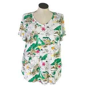 Cynthia Rowley T Shirt Women 2X White Multi V Neck Short Sleeve Amalfi Coast